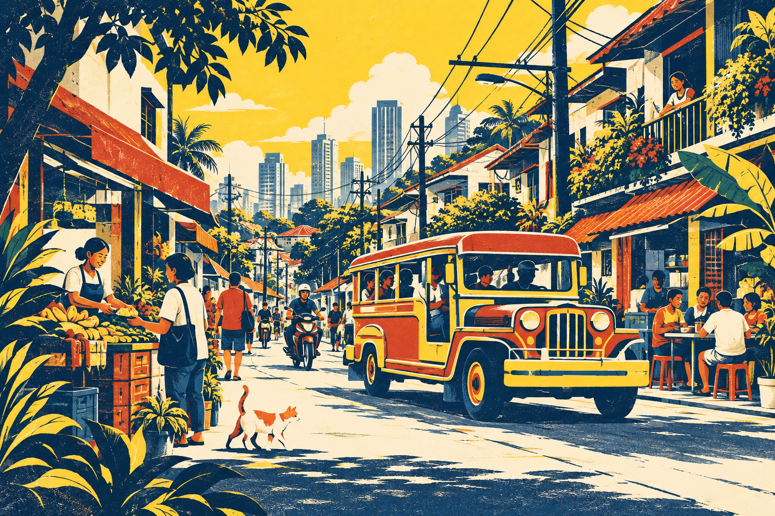 Screenprint-style illustration of everyday Manila, with neighborhood shops, a jeepney, and people sharing the street.